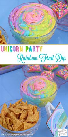 unicorn party rainbow fruit dip is an easy and fun dessert for kids to make at home