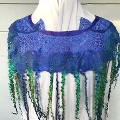 Wet Felted Vintage Lace w. Teeswater Long Locks Neck Cowl by SuzanneChristBurr on Etsy Hand Dyed Blue Bohemian Tops, Blue Hand Dyed Bohemian Tops, Blue Bohemian Hand Dyed Top, Handmade Blue Shawl For Winter, Bohemian Hand-dyed Blue Tops, Wet Felted Clothing, Handmade Mohair Shawl Scarf, Blue Vintage Shawl Scarf, Wet Felted Scarf