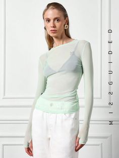 Green Sexy Collar Long Sleeve Knitted Fabric Plain  Embellished High Stretch  Women Clothing Summer Party Fitted Long Sleeve Top, Fitted Long Sleeve Top For Summer Party, Stretch Long Sleeve Top For Summer Party, Trendy Stretch Mesh Top With Crew Neck, High Stretch Long Sleeve Tops For Summer, Trendy Summer Party Long Sleeve Top, Sheer Stretch Long Sleeve Top, Sheer Long Sleeve Stretch Top, Long Sleeve Sheer Stretch Tops