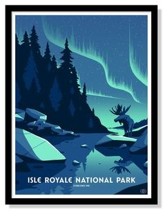 a poster with an image of a moose and the aurora bore in the sky above it