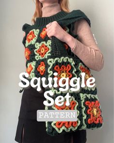 a woman holding a crocheted bag with the words squiggle set on it