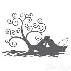 a couple riding on the back of a boat in front of a tree with swirly branches