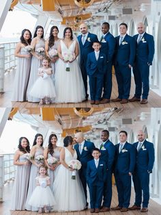 the wedding party is posing for pictures on the ship