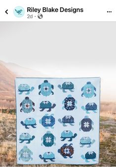 a blue quilt with turtle designs on it in the middle of an open field next to mountains