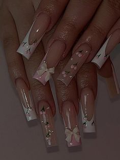 Multicolor  Collar   Plants Handmade Nails Embellished   Nail,Hand & Foot Care Size 1 Nails, Quince Dama Nails, Cute Nails Acrylic Summer 2024, Cute 3d Nails, White Nails Bling, White And Pink French Tip Nails, Cherry Nails Square, Bling Nails Acrylic, Long Square Nails Designs