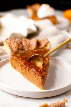 a piece of pie on a plate with a fork