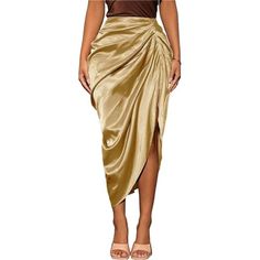 100% Polyester Imported Zipper Closure Soft And Comfy, Flowy Lightweight Satin Fabric, Comfortable To Wear The Split Thigh Design Can Make You Look Sexy, Midi Long Length Enough To Flowy, Fold Pleated Front Details Skirt Helps Create Effortlessly Stunning Outfits High Low Hem With Ruched Side High Split, This High Waisted Skirt Can Pair With Variety Of Tank Tops, Shirts, Blouses, Tshirts, Great Choice For Spring, Summer, Fall, Winter The Perfect Dress For Daily Wear/ Lounging/ Party/ Pub/ Night Chic Draped Lined Skirt, Chic Draped Maxi Skirt, Fitted Draped Wrap Skirt, Chic Draped Lined Skirt Bottoms, Fitted Party Maxi Skirt With Folds, Fitted Maxi Skirt With Folds For Party, Evening Draped Asymmetrical Skirt With Ruched Sides, Evening Draped Skirt With Ruched Sides And Asymmetrical Shape, Asymmetrical Ruched Draped Skirt For Night Out