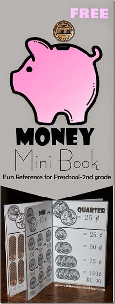 a pink pig with the words money mini book fun reference for preschool and grade 3 students