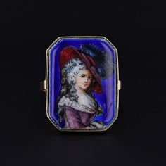 Artisans were inspired by the changing roles of women in society and began depicting the feminine form in brooches, bracelets, rings and more. This ring was converted from an antique pin (circa 1880) by removing the pin stem and adding a 14k gold mounting. The enamel piece depicts a finely dressed 18th century woman. The face of the ring measures 0.85 inches by 0.65 inches wide. It is in very good condition with a small surface scratch to the bottom right corner. It is currently a size 7 but can Yellow Gold Enamel Brooches, Vintage Jewelry With Historical Design, Ceremonial Enamel Brooch Jewelry, Victorian Enamel Brooches For Formal Wear, Antique Enamel Ring Collectible, Victorian Enamel Brooches For Formal Occasions, Victorian Enamel Jewelry For Wedding, Victorian Style Enamel Brooches For Formal Occasions, Victorian Enamel Wedding Jewelry