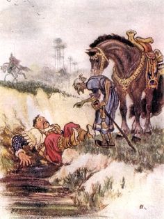 an illustration of a man being pulled up to the ground by a horse and another person