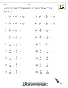 adding fractions with like denomints worksheet for grade 1 and 2