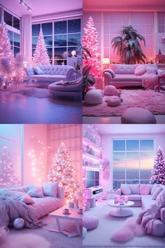 four different pictures of pink and white christmas trees in a living room with couches