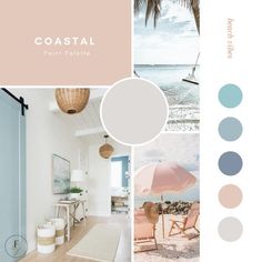 the interior of a beach house with pastel colors and accessories in it, including an umbrella