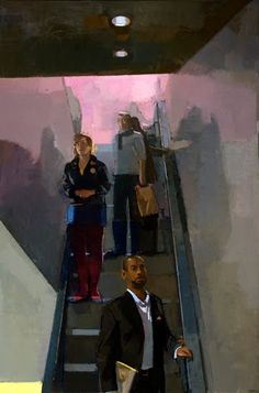 a painting of two men walking up an escalator