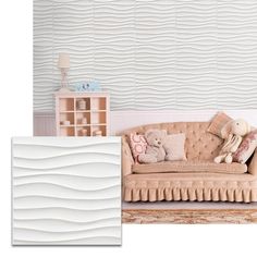 an image of a living room setting with white waves on the wall and teddy bear