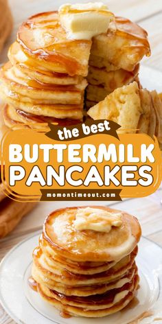 the best buttermilk pancakes are stacked on top of each other