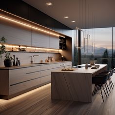 a modern kitchen with wooden floors and white cabinetry is lit by recessed lighting