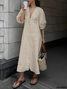 Olivia Mark - Classic V-Neck Vacation Dress with Button Detailing V Neck Shirts, Collared Shirt Dress, Bohol, Maxi Shirt Dress, Linnet, Dresses Elegant, Tea Length Dresses, Puff Sleeve Dresses, Loose Outfit