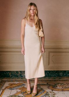 Knitted midi dress with fine straps;Rib knit;V-shaped neckline;Length when worn: 124 cm (on a size S) Mars Leo, Venus Scorpio, Sezane Clothing, Scorpio Mars, Smart Casual Women Outfits, Leo Sun, Knitted Midi Dress, Smart Casual Women, Dress Knit