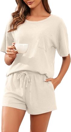 PrinStory Pajamas Set for Women Waffle Knit Lounge Set 2 Piece Outfits Loungewear Sweatsuit with Pockets Oatmeal-L at Amazon Women’s Clothing store Beige Loungewear Sets With Pockets, Relaxed Fit Sleepwear With Pockets For Leisure, White Relaxed Fit Sleepwear For Leisure, White Relaxed Fit Sleepwear, Comfortable Beige Sleepwear For Loungewear, Comfortable Sleepwear With Pockets For Leisure, Comfortable Short Sleeve Sleepwear For Leisure, Solid Color Leisure Sleepwear Relaxed Fit, Solid Color Relaxed Fit Sleepwear For Leisure