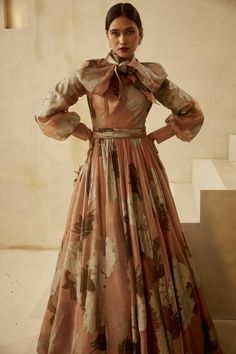 Bhumika Sharma, Neck Bow Tie, Bishop Sleeve Dress, Organza Gown, Organza Bow, Organza Lehenga, Organza Gowns, Gown For Women, Printed Gowns