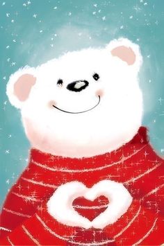 a white teddy bear wearing a red sweater with a heart on it's chest