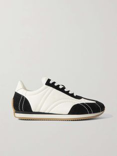 Shop TOTEME The Sport leather-trimmed suede and shell sneakers, Explore the latest TOTEME women's collection today on NET A PORTER Trip To London, Denim Sneakers, Running Fashion, Brown Sneakers, Travel Wardrobe, Latest Sneakers, Monogrammed Leather, Sneakers Blue, Suede Sneakers