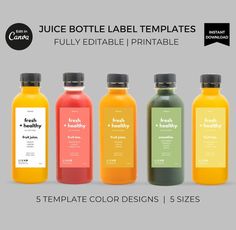 juice bottle label templates with five different colors and sizes for each product in the package