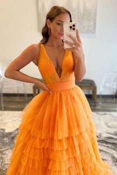 Silhouette: A Line Waist: Natural Sleeve Length:?Sleeveless Fabric:?Tulle Shown Color: Orange Built-In Bra: Yes Layered Prom Dress, Tiered Prom Dress, Tulle Long Prom Dress, Dress Quinceanera, V Neck Prom Dresses, Evening Gowns Elegant, Backless Prom Dresses, Ball Gowns Evening, Custom Size Dresses