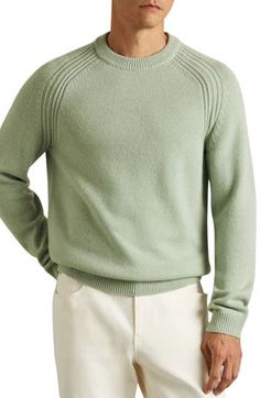 Ribbed stitching highlights the raglan shoulders that give this wool-blend sweater its casual aesthetic. Crewneck Long sleeves with ribbed cuffs 79% wool, 21% polyamide Hand wash, dry flat Imported Cloud Sweater, Aesthetic Crewneck, Herringbone Jacket, Modern Clothing, Design Philosophy, London Today, Clothes Crafts, Herringbone Pattern, Modern Outfits