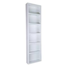 a tall white shelf with three shelves on each side and one door open to the other