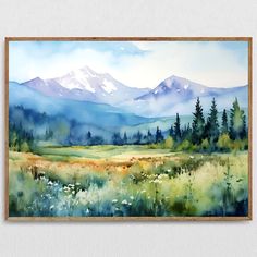 a watercolor painting of mountains in the distance with wildflowers on the foreground