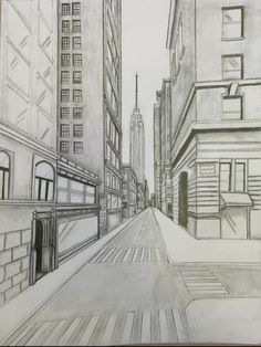 a pencil drawing of a city street with buildings