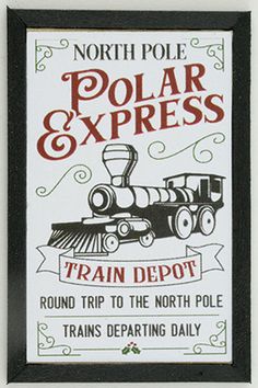 a sign for the north pole polar and express train depot, with an image of a snow plow