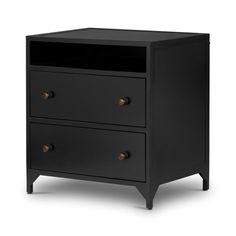 Belmont 2 Drawer Nightstand Black Angled View 104440-003 Rustic Black Nightstands, Urban Bronze Nightstand, Black Nightstand Grey Headboard, Black Nightstand With Door, Farmhouse Black Nightstands, Copper Top Table, Copper Table, Outdoor Accent Table, Dining Table Bases