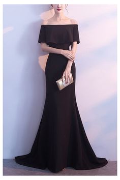 Formal Long Black Mermaid Evening Dress Off Shoulder - $78.48 #S1496 - SheProm.com Satin Dresses Off Shoulder, Simple Formal Black Dress, Long Black Dress Off Shoulder, Simple Off Shoulder Dress, Off Shoulder Gown Evening Dresses, Black Off Shoulder Gown, Black Party Dress Long, Old Hollywood Prom Dresses, Mermaid Dress Formal