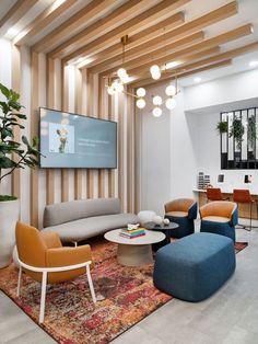 a living room filled with furniture and a flat screen tv mounted to the wall above it