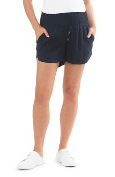 These linen-blend shorts are topped with a smocked waistband that provides a supportive, comfortable fit throughout your pregnancy. Elastic/drawstring waist Side-seam pockets Side vents 55% linen, 45% viscose Hand wash, dry flat Imported Maternity Shorts, Drawstring Waist, Linen Blend, Smocking, Comfort Fit, Nordstrom, Navy