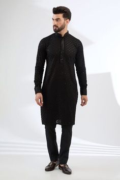 Black georgette kurta with thread and sequins embroidery. Comes with cotton silk pant and a bundi jacket. - Aza Fashions Chanderi Sequin Straight Kurta, Designer Chanderi Sequin Kurta, Designer Black Nehru Jacket With Chikankari Embroidery, Fitted Sequin Kurta For Designer Wear, Traditional Nehru Jacket With Chikankari For Party, Fitted Nehru Jacket With Chikankari Embroidery For Party, Embellished Fitted Chanderi Kurta, Black Bandhgala With Chikankari Embroidery For Party, Traditional Fitted Nehru Jacket With Sequins