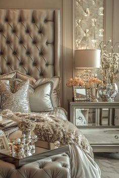 a luxurious bedroom with silver and gold accents