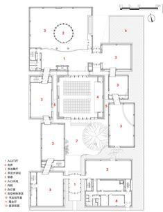 an architectural drawing shows the floor plan for a building with several rooms and two courtyards