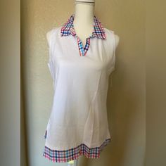 Sleeveless Shirt, 97% Cotton And 3% Spandex. I Have 4 Dogs At Home. Summer Stretch Tops For Golf, Summer Golf Tops With Stretch, Summer Golf Stretch Tops, Summer Stretch Golf Tops, White Tops For Golf In Spring, White Golf Tops For Spring, White Golf Top For Spring, White Sleeveless Preppy Top, Dogs At Home