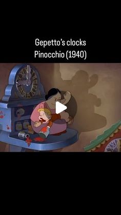 an animated image of a cartoon character with the caption gepetto's clocks pinocchio 1940