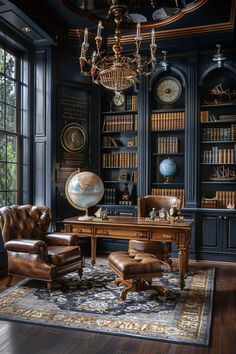 an elegant library with leather chairs and large bookshelves filled with antique world globes