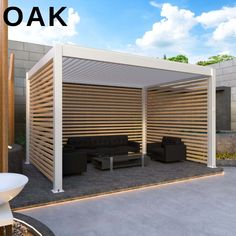 an outdoor living area with couches and tables under a pergolated roof that is covered in wood slats