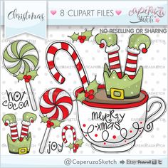 christmas clipart set with candy canes and elf hats in a coffee cup,