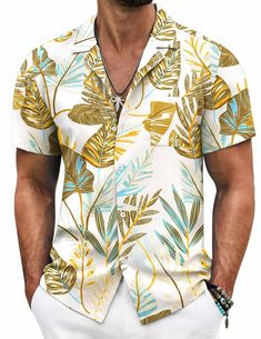 PRICES MAY VARY. LIGHTWEIGHT & COMFORTABLE FABRIC--- This hawaiian shirt for men is made of high quality soft & lightweight polyester fabric.Keeps you cool during hot summer days and gives you comfortable and nature skin feel. And the fabric is wrinkle free and will not need ironing so this is great to pack for your vacation. HAWAIIAN PRINTED STYLE---The button dwon shirt men features with a tropical floral printed design, short sleeve, button down closure, regualar fit, camp collar, patch pocke Yellow Button-up Hawaiian Shirt For Beach, Yellow Button-up Hawaiian Beach Shirt, Camp Collar Shirt, Tropical Summer, Mens Hawaiian Shirts, Tropical Wedding, Shirt Short Sleeve, Collar Shirt, Beach Shirts