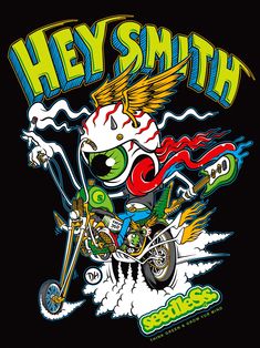 an image of a man riding a motorcycle with the words hey smith written on it