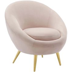 a pink chair with gold legs and a round seat in the shape of an egg