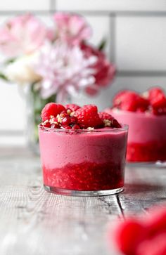 raspberry mousse with fresh flowers in the background